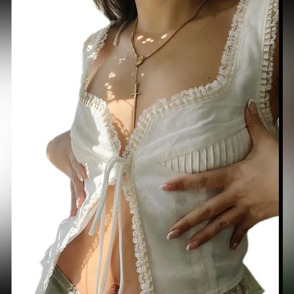 Anthropologie Cream Lace Trim Blouse - Picture 5 of 6